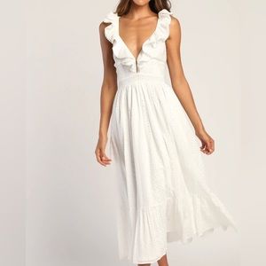 Eyelet Embroidered Ruffled Lace-Up Midi Dress